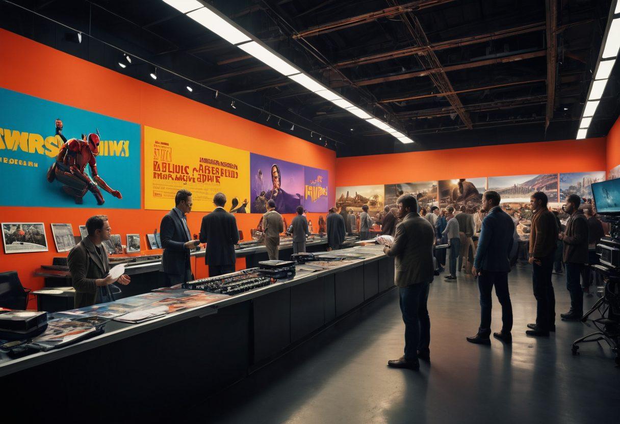 A bustling moviemaking set with directors, actors, and cameras capturing a thrilling scene, surrounded by large posters of upcoming movie trailers and a film critic jotting down notes. Super-realistic. vibrant colors. white background.