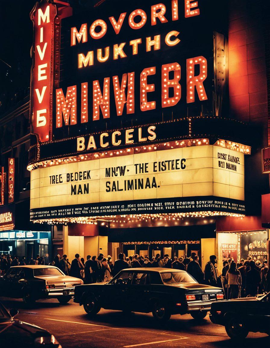 A vibrant cinema marquee displaying a mix of blockbuster and indie film titles, with a diverse audience eagerly entering the theater. A digital film reel with various genres like action, romance, and horror iconography surrounding the scene. Marquee lights reflecting on the bustling street with a city skyline in the background. super-realistic. vibrant colors. cinematic atmosphere.