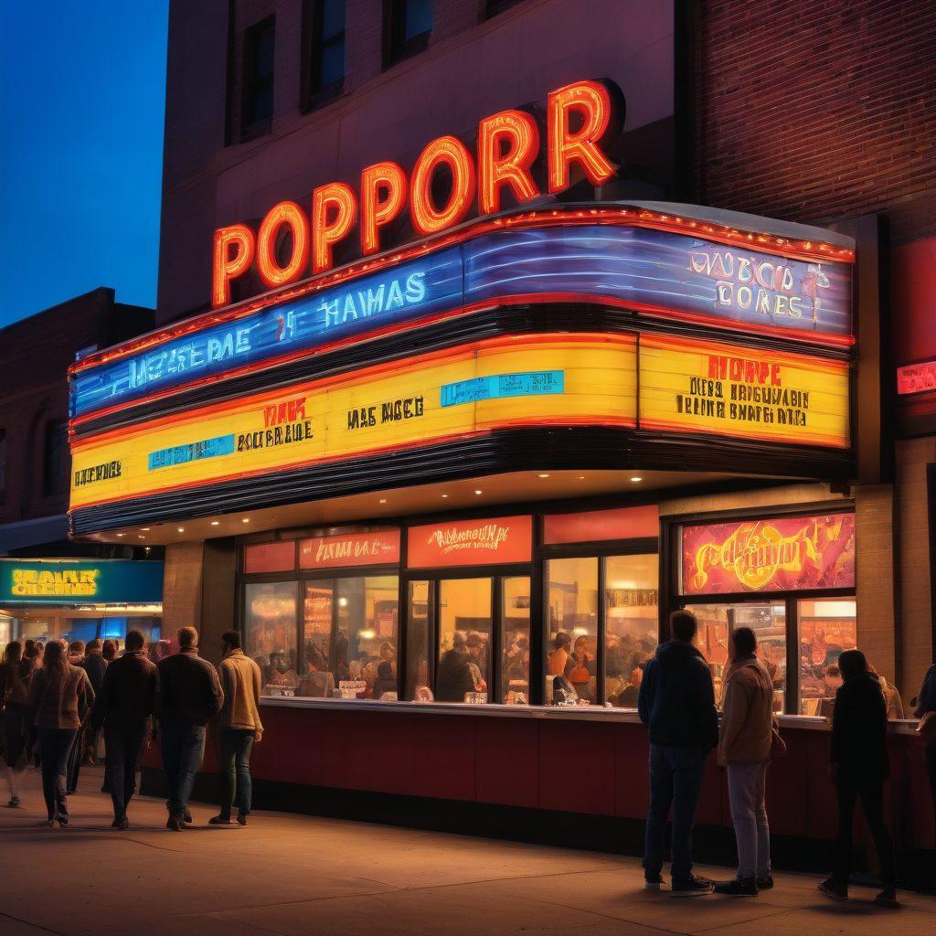 A vibrant, bustling movie theater marquee at sunset, with excited crowds lining up for different genres of films. Include vivid posters showcasing adventure, comedy, and horror movies with glowing neon lights. The lobby should display a large popcorn stand and a digital board featuring upcoming midnight shows. Super-realistic. Vibrant colors.